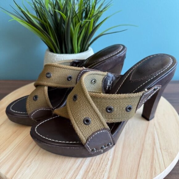 Vintage Womens Harley-Davidson 9 Platform Sandals Open Toe High Heel Olive Green - Picture 1 of 15